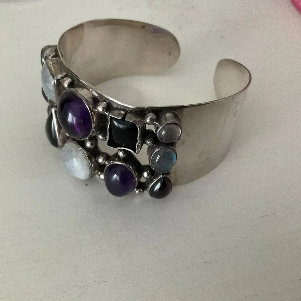 925 sterling silver cuff bracelet with 12 semi-precious stones
